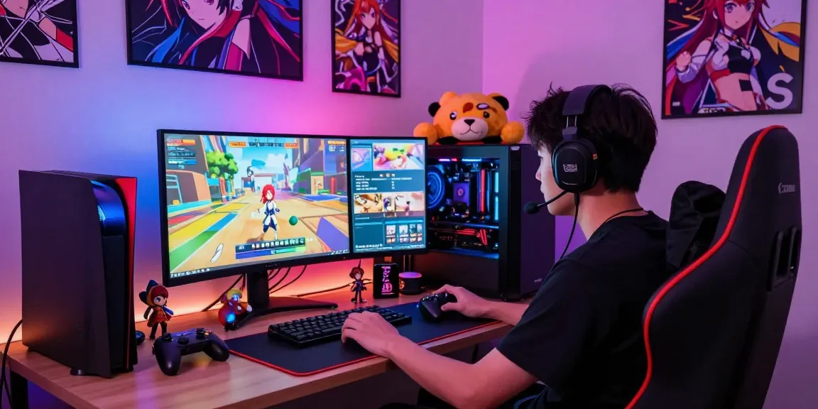 Engaging player enjoying a hentai game in a vibrant gaming setup with anime graphics.
